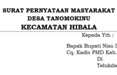 Ini Surat Pernyataan Masyarakat Desa Tanomokinu Untuk Bupati Nias Selatan